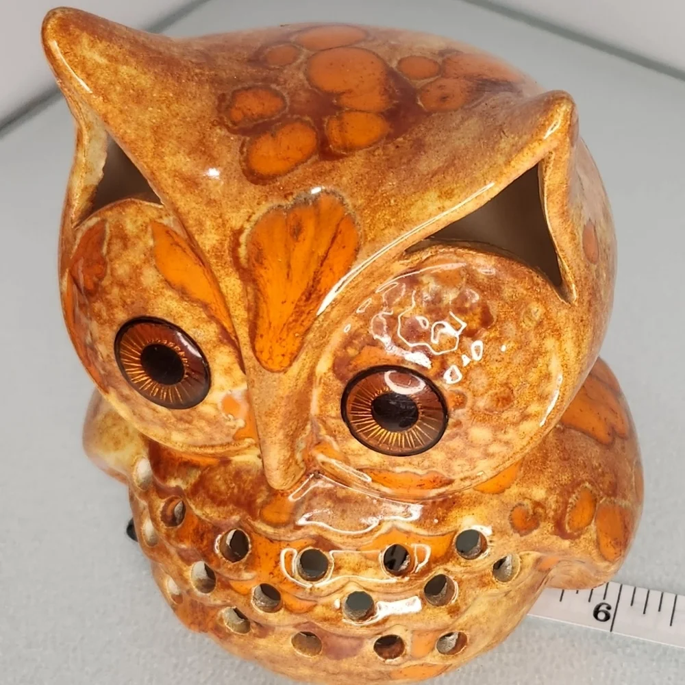 Ceramic owl drip glaze orange luminaria retro orange tealight‎ candle holder